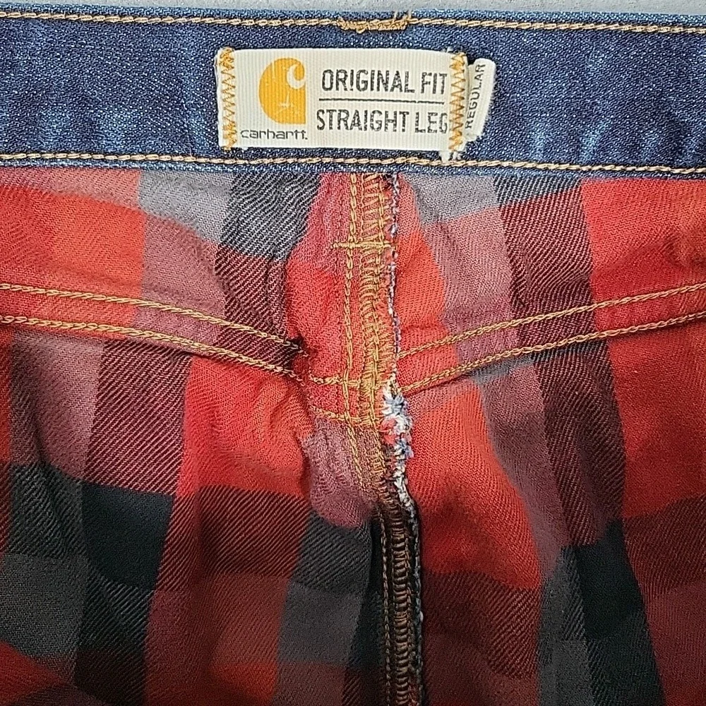 Carhartt Flannel Lined Straight Jeans Women's 16 Regular Blue Plaid Workwear‎